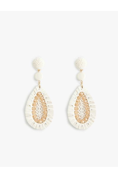 Koton Straw Dangle Abstract Earrings - Bead Detailed