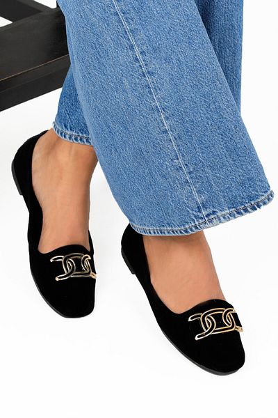 RENKLİBUTİK Women's Black Buckle Detailed Ballerina Flats Lightweight Comfortable Sole Casual Shoes