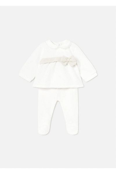 MAYORAL Cream Colored Baby Girl Long Sleeve T-Shirt and Booties Set - 2506