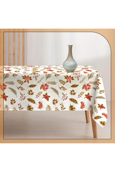 Razz Moda Leaf Patterned Ecru Colorful Digital Printed Tablecloth