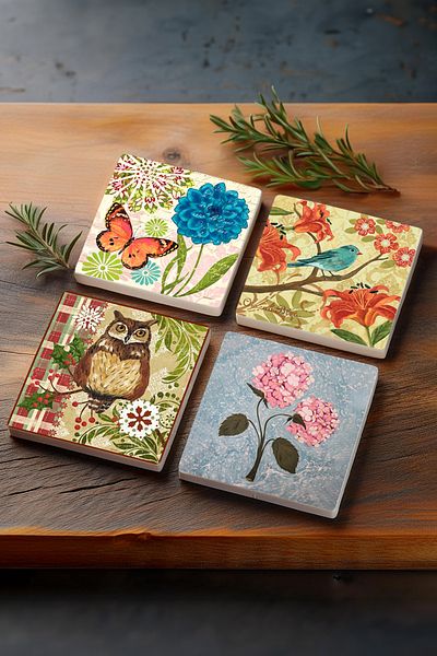Pinecone Butterfly, Sparrow, Pink Hydrangea Flower, Owl Stone Coasters Protective Coasters Set of 4 10x10cm
