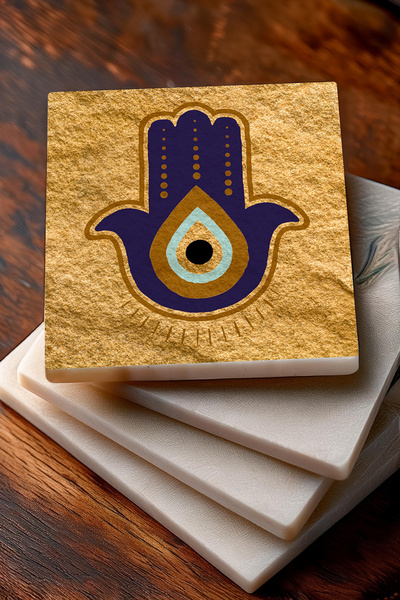 Pinecone Mother of Fatma's Hand (HAMSA), Evil Eye Stone Coaster Desktop Protective Coaster 4 Piece Set 10x10cm Sc244