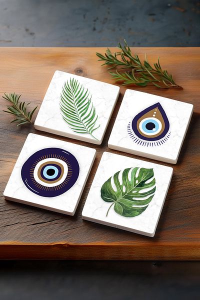 Pinecone Evil Eye, Leaf Stone Coaster Desktop Protective Coaster 4 Piece Set 10x10cm Stone Coasters Sc356