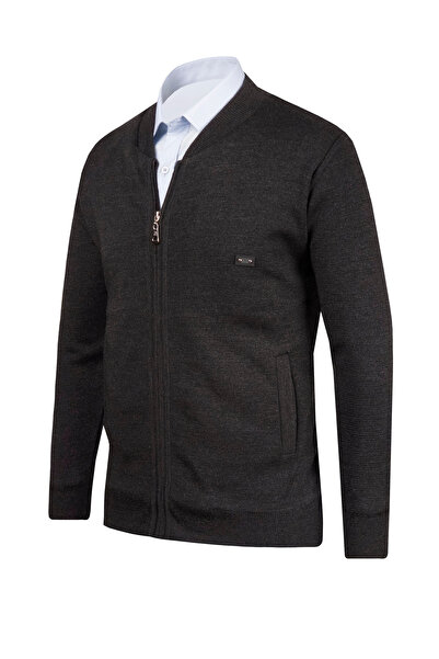 Çizgi Triko Ανδρικό πλεκτό με λαιμό πόλο με επένδυση σε σκούρο γκρι παλτό με φερμουάρ Πλεκτό από ατσάλι