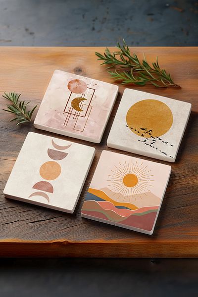 Pinecone Minimalist, Bohemian, Abstract Stone Coasters Desktop Protective Coasters Set of 4 10x10cm Sc261