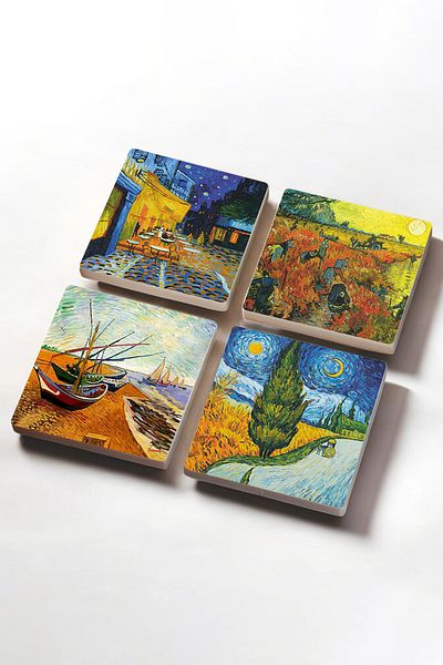 Pinecone Van Gogh Road with Cypresses, Red Vineyard, Night on the Cafe Terrace, Fishing Boats Stone Coasters Set of 4