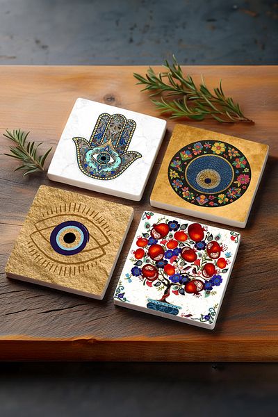 Pinecone Evil Eye, Pomegranate Tree, Hand of Mother Fatima (HAMSA) Stone Coasters Desktop Protective Coasters Set of 4 10x10cm
