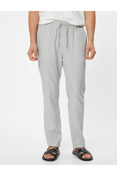 Koton Linen Summer Trousers - Chino, with Waist Laces and Pockets