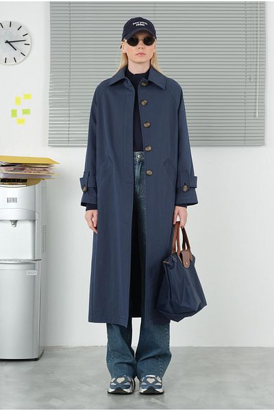 HEQA Navy Blue Double Epaulettes Trench Coat