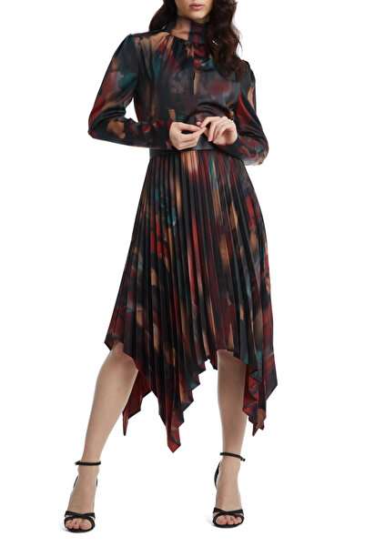 SERPİL Asimetrik Kesim Pilise Etekli Deri Kemer Detaylı Desenli Midi Boy Kiremit Elbise 39065