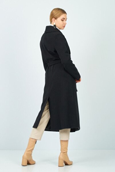 LİMABEL Black Belted Lined Long Stamp Coat (Full Fit) New Season