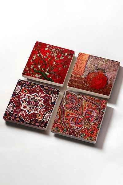 Pinecone Pomegranate, Pattern, Van Gogh Almond Tree Stone Coaster Desktop Protective Coaster 4 Piece Set 10x10cm