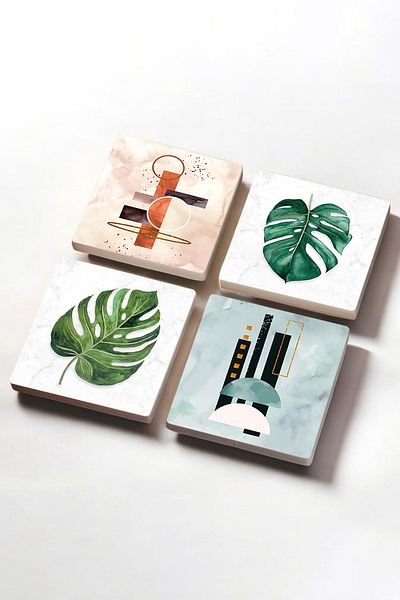 Pinecone Minimalist Abstract, Leaf Stone Coaster Desktop Protective Coaster Set of 4 10x10cm Sc428