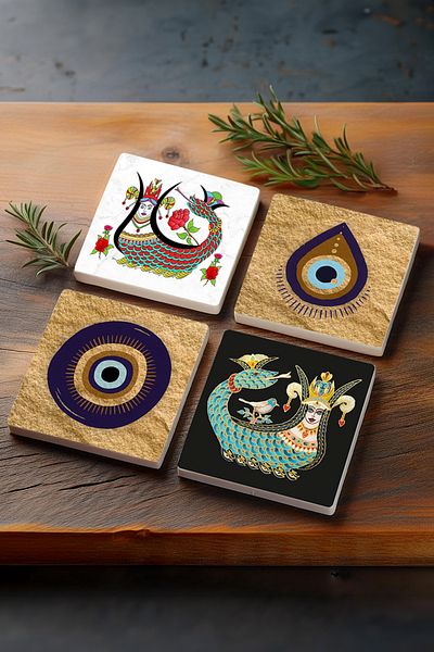 Pinecone Shahmeran, Evil Eye Stone Coasters Desktop Protective Coasters 4 Piece Set 10x10cm Stone Coasters