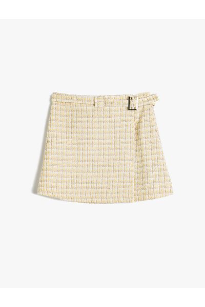 Koton Tweed Double Breasted Skirt - Plaid and Buckle Detailed