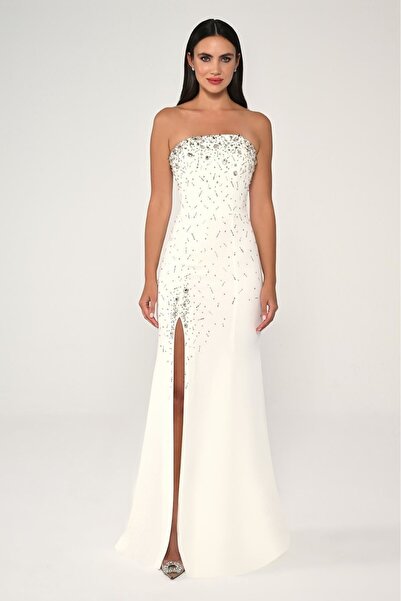 ALFABETA فستان سهرة طويل من الكريب المطرز بالحجر بدون حمالات من ألفا بيتا