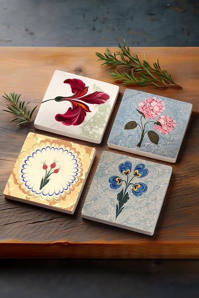 Pinecone Marbling Art, Pink Hydrangea Flower, Tulip Stone Coaster Desktop Protective Coaster Set of 4 10x10cm