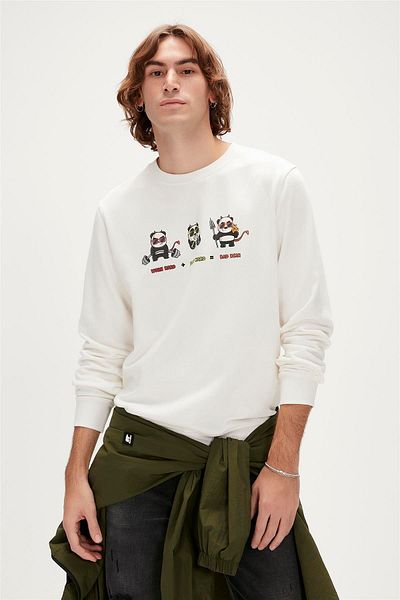Bad Bear Play Hard Crewneck Off-white White Printed Men's Sweatshirt