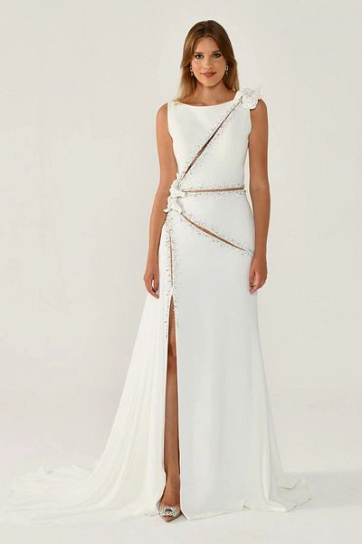 ALFABETA Alfa Beta Floral and Accessorized Long Evening Dress with Slit Shawl