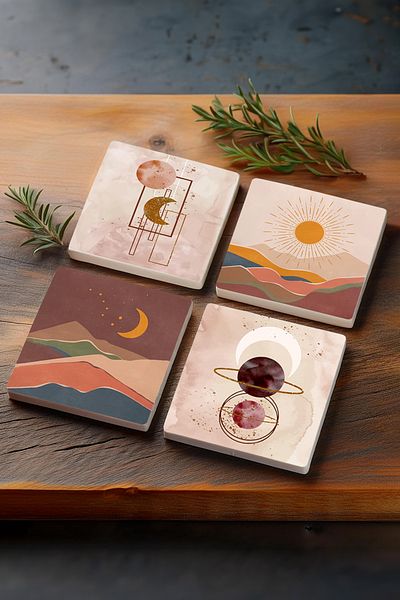 Pinecone Bohemian, Minimalist Abstract Stone Coasters Desktop Protective Coasters Set of 4 10x10cm