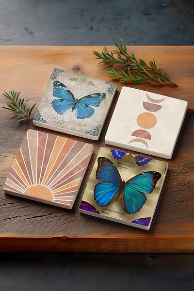 Pinecone Minimalist Abstract, Butterfly Stone Coaster Desktop Protective Coaster Set of 4 10x10cm Sc462