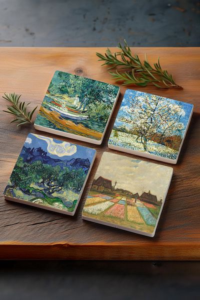 Pinecone Van Gogh Olive Trees, Peach Tree, Tulip Fields, Oise Bank Stone Coaster Set of 4
