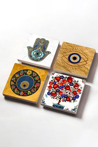 Pinecone Evil Eye, Pomegranate Tree, Hand of Mother Fatima (HAMSA) Stone Coasters Desktop Protective Coasters Set of 4 10x10cm