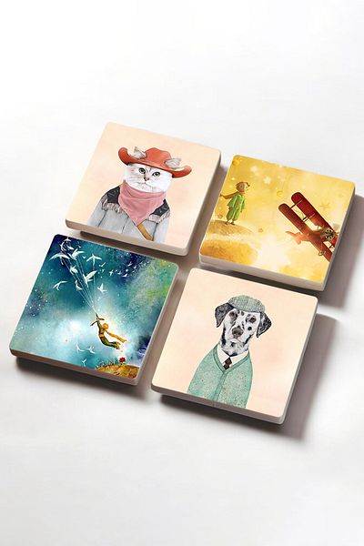 Pinecone Little Prince, Dog, Cat Stone Coasters Desktop Protective Coasters Set of 4 10x10cm Stone Coasters