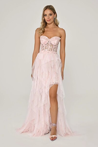 ALFABETA Alfa Beta Straplez Korsajlı Yırtmaçlı Tül Maxi Boy Kadın Abiye Elbis...