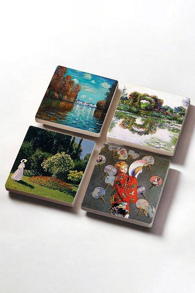 Pinecone Claude Monet Autumn, Japanese Costume, Rose Flower Belt, Woman in the Garden Stone Coaster Set of 4