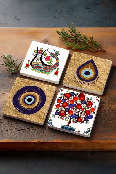 Pinecone مجموعة أكواب واقية لسطح المكتب من حجر عين الشر والشماران وشجرة الرمان مكونة من 4 قطع مقاس 10 × 10 سم SC524