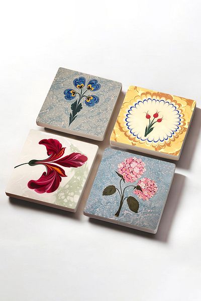 Pinecone Marbling Art, Pink Hydrangea Flower, Tulip Stone Coaster Desktop Protective Coaster Set of 4 10x10cm