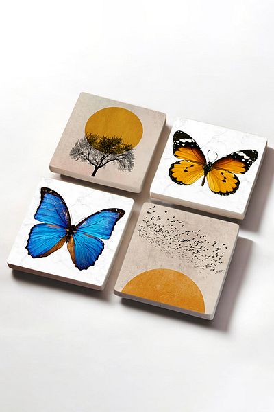 Pinecone Minimalist, Butterfly Stone Coasters Desktop Protective Coasters 4 Piece Set 10x10cm Stone Coasters
