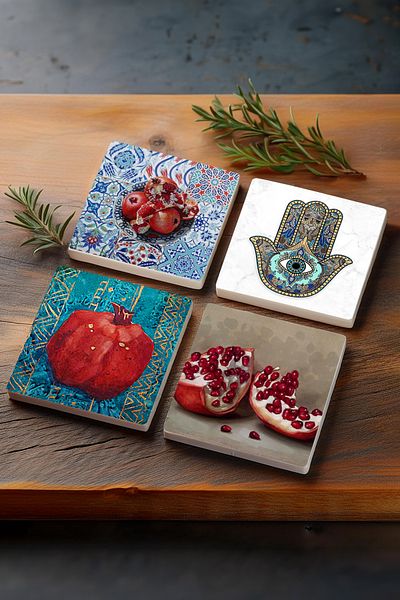 Pinecone الرمان، يد فاطمة (همسة) قاعدة حجرية واقية لسطح المكتب مكونة من 4 قطع مقاس 10 × 10 سم