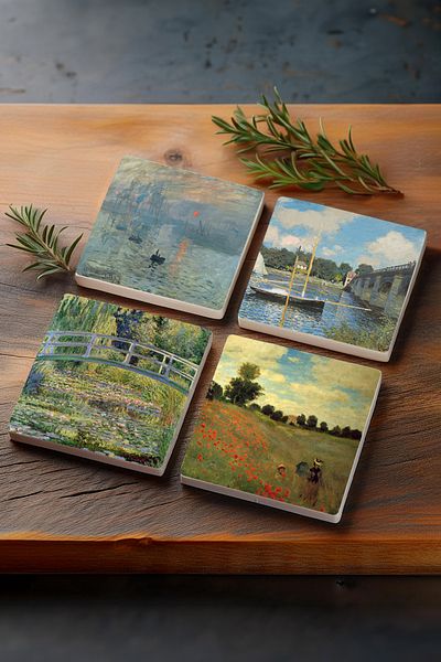 Pinecone Claude Monet Bridge in Argenteuil, Poppies, Impression Sunrise, Water Lily Lake Stone Coaster
