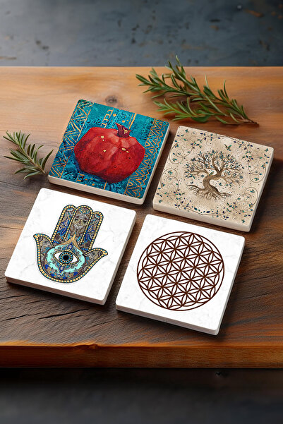 Pinecone Yaşam Çiçeği, Hayat Ağacı, Nar, Fatma Ana Eli (hamsa) Taş Bardak Altlığı 4'lü Set 10x10cm