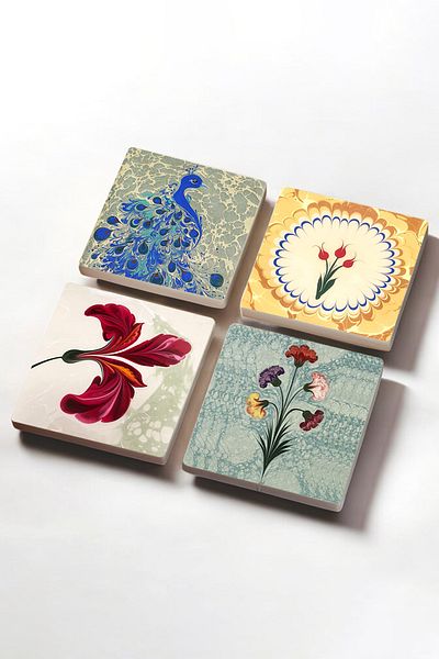 Pinecone Marbling Art, Tulip, Peacock Stone Coaster Desktop Protective Coaster 4 Piece Set 10x10cm