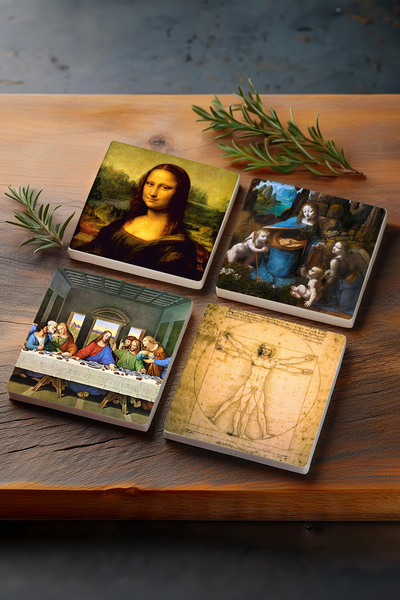 Pinecone Da Vinci Son Akşam Yemeği, Kayalıklar Bakiresi, Mona Lisa, Vitruvius Adamı Taş Bardak Altlığı Set