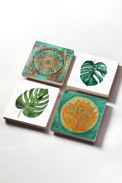 Pinecone Leaf, Lotus Flower, Flower of Life Stone Coaster Desktop Protective Coaster 4 Piece Set 10x10cm