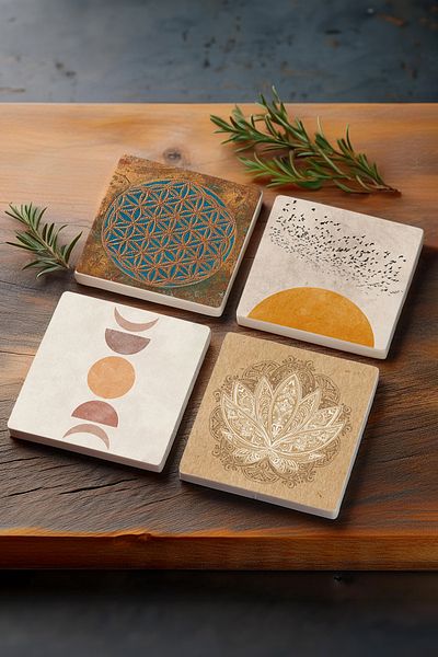Pinecone نمط زهرة الحياة البسيط - طقم قاعدة أكواب من حجر زهرة اللوتس المجردة مكون من 4 قطع 10 × 10 سم
