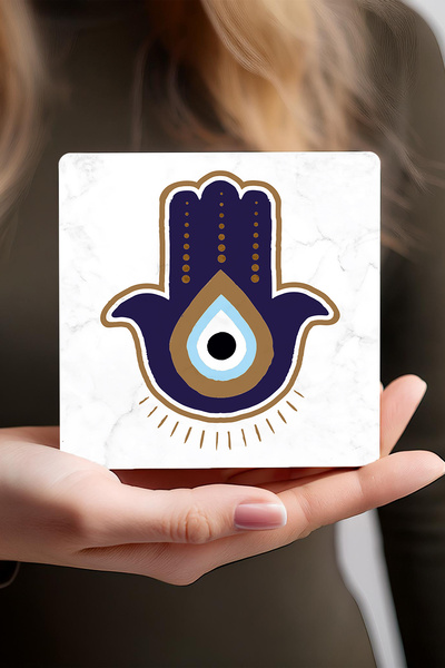 Pinecone Mother of Fatma's Hand (HAMSA), Evil Eye Stone Coaster Desktop Protective Coaster 4 Piece Set 10x10cm Sc236