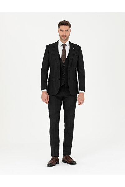 Pierre Cardin Siyah Slim Fit Çizgili Yelekli Takım Elbise 50285266-VR046