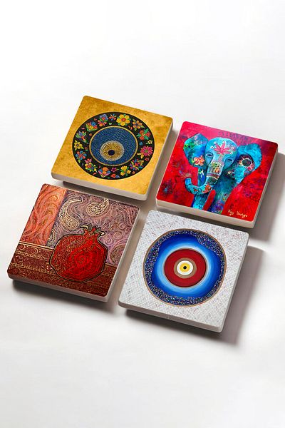Pinecone Evil Eye, Elephant, Evil Eye Bead, Pomegranate Stone Coaster Desktop Protective Coaster 4 Piece Set 10x10cm