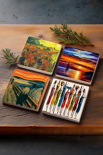 Pinecone Van Gogh in Arles Red Vineyard, The Scream, Native Women, Seascape Stone Coasters Set of 4