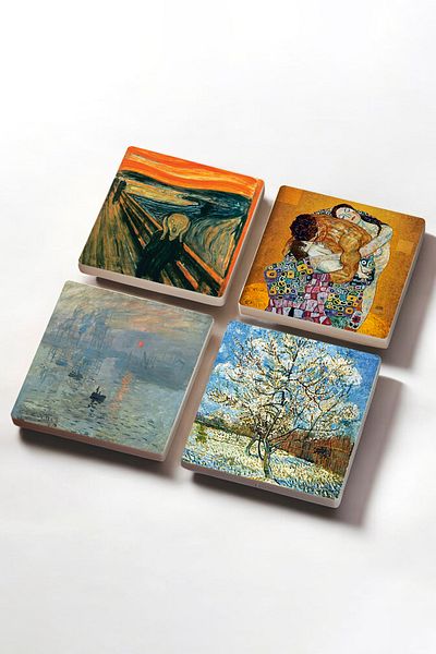 Pinecone Van Gogh Peach Tree, Monet Sunrise, The Scream, Gustav Klimt Family Embrace Stone Coaster Set
