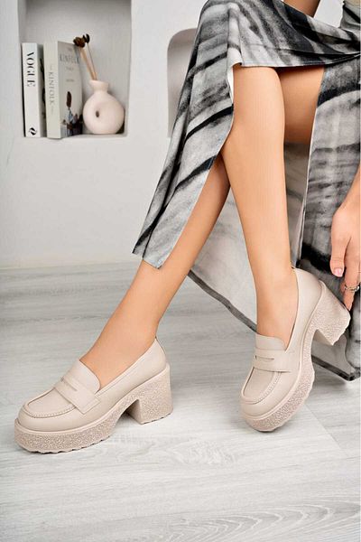 BAHRİNA Beige Skin Heeled Loafer Moccasin Buckle Women's Shoes