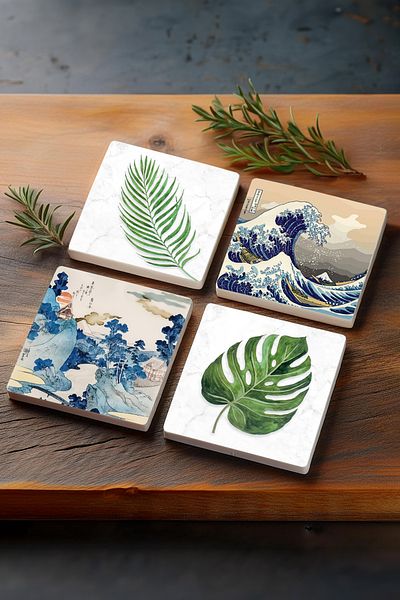 Pinecone مجموعة قواعد أكواب واقية من الفن الياباني من Mount Fuji، موجة رائعة، مجموعة من 4 قطع مقاس 10 × 10 سم