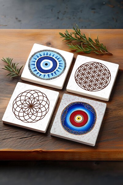 Pinecone Flower of Life Evil Eye - 4 Piece Set Desktop Protector Stone Coaste...