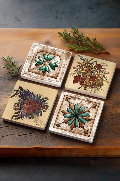 Pinecone Vintage Flower, Moroccan Patterned Vintage Stone Coaster Desktop Protective Coaster 4 Piece Set 10x10cm