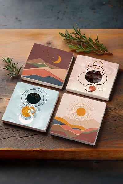 Pinecone Minimalist Abstract, Bohemian Stone Coasters Desktop Protective Coasters Set of 4 10x10cm Sc271